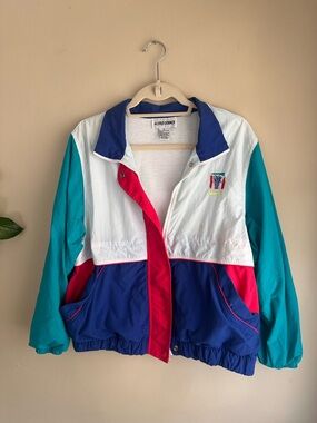 Vintage Alfred Dunner Teal, Royal Blue, Pink & White Colorblock Windbreaker